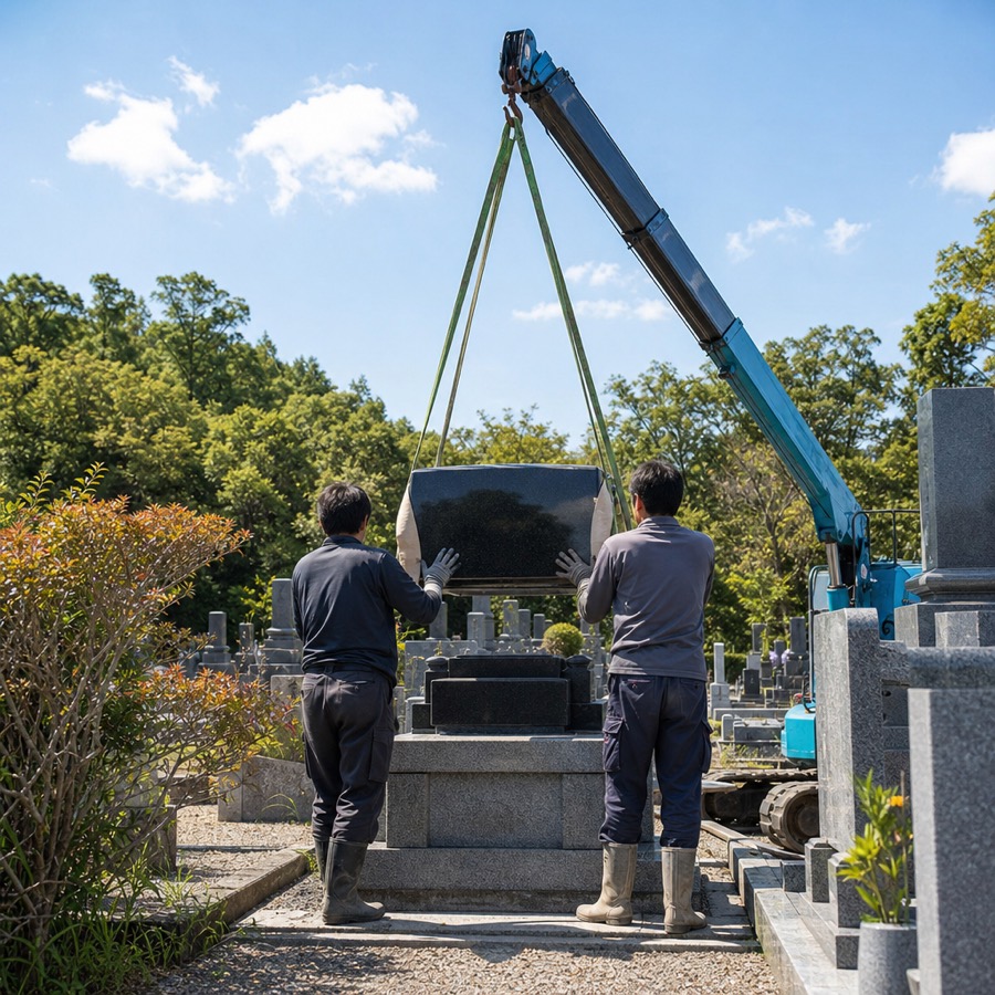 墓石を据え付けている作業の様子